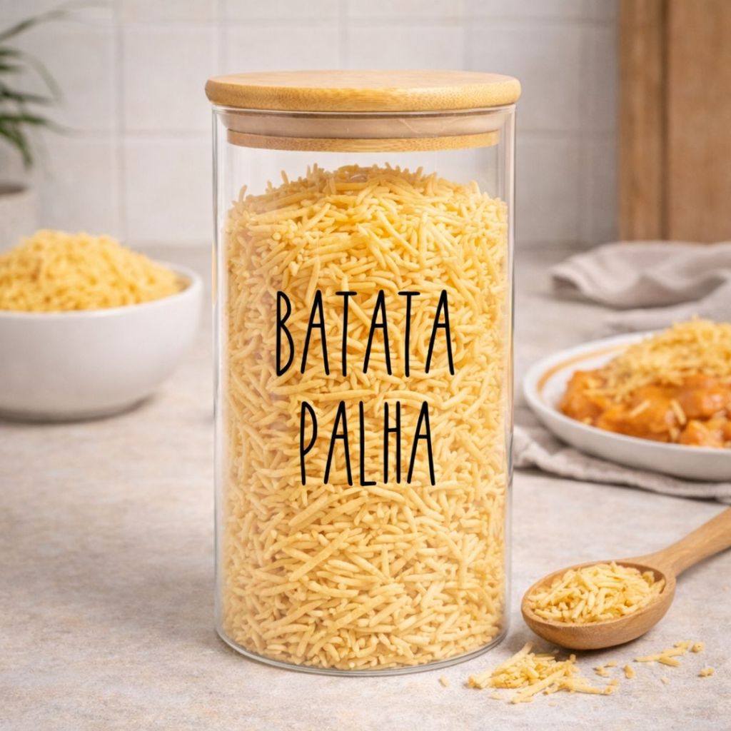 Pote vidro Batata Palha boro. tampa hermética bambu 1,1L em Oferta na Shopee