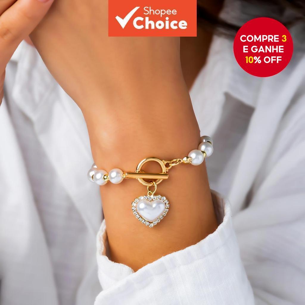 Imitação Pearl Beads Chain com Big Heart Pendant Acessórios No Pulso para Casamento 2023 em Oferta na Shopee