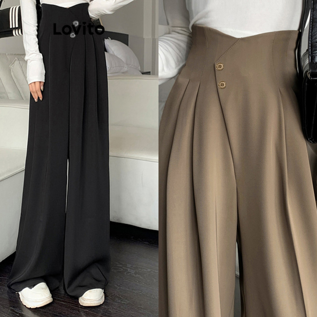 Lovito Calças Elegantes Com Botão Liso E Bolso Drapeado Para Mulheres L71ED109 (Cáqui/Preto) em Oferta na Shopee