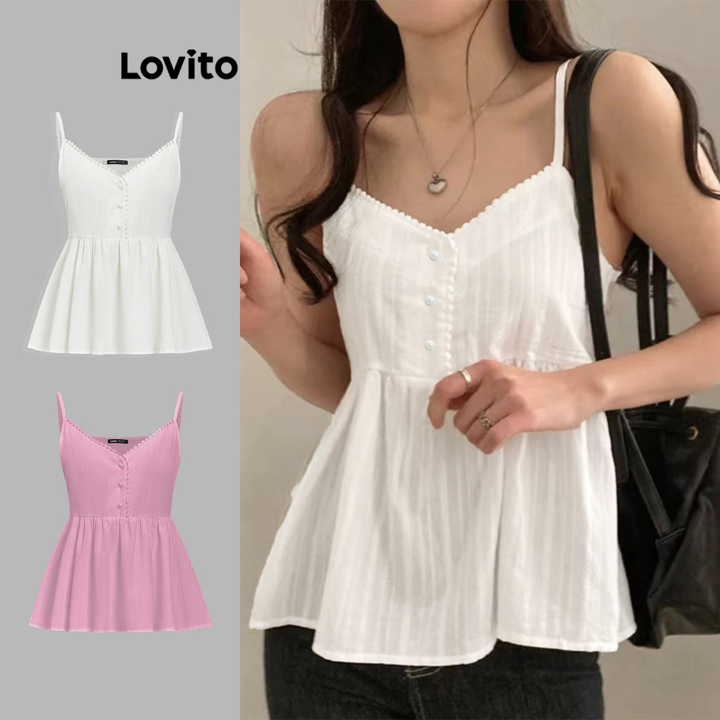 Lovito Regata Casual Com Gola Lisa E Babados Para Mulheres L105MD627 em Oferta na Shopee