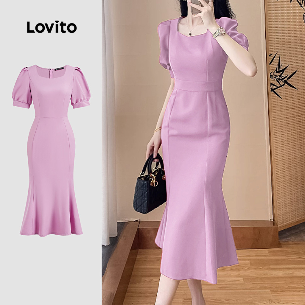 Lovito Vestido Elegante Liso Plissado Formal Vestido De Verão Para Casamento Para Mulheres L123ED620 em Oferta na Shopee