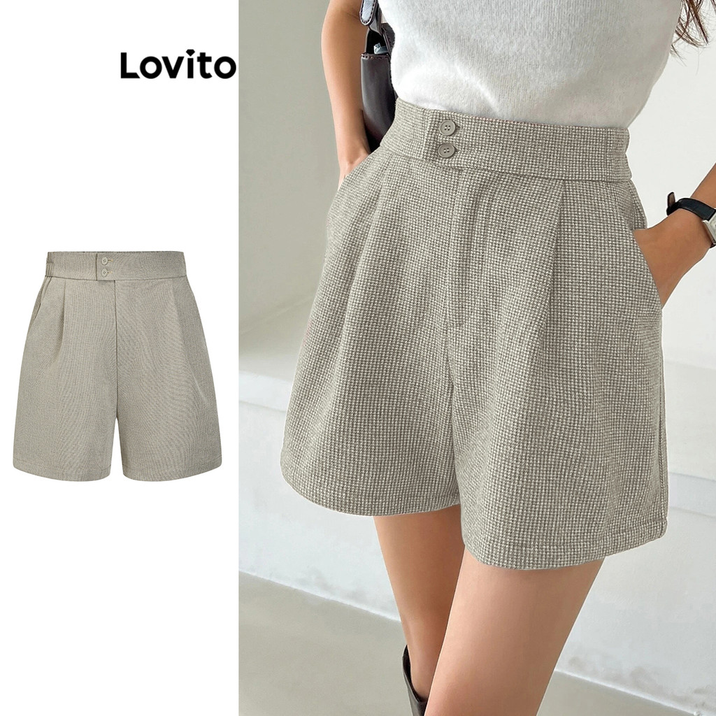 Lovito Shorts Casuais Shorts Guingão Com Botões Para Mulheres L70AD058 (Multicolorido) em Oferta na Shopee