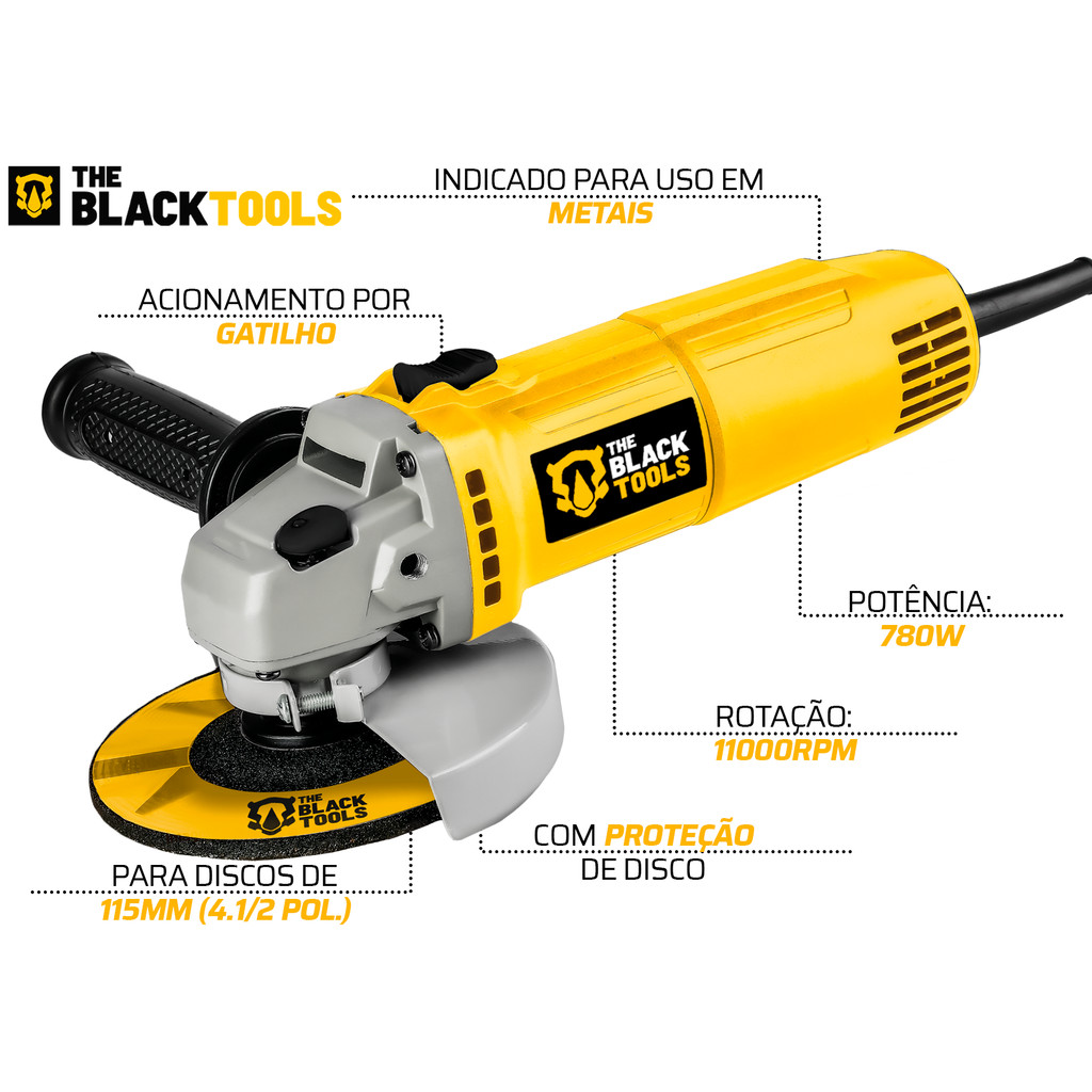 Esmerilhadeira Lixadeira Angular 4.1/2 11000rpm 780w The Black Tools Com 2 Discos De Corte em Oferta na Shopee