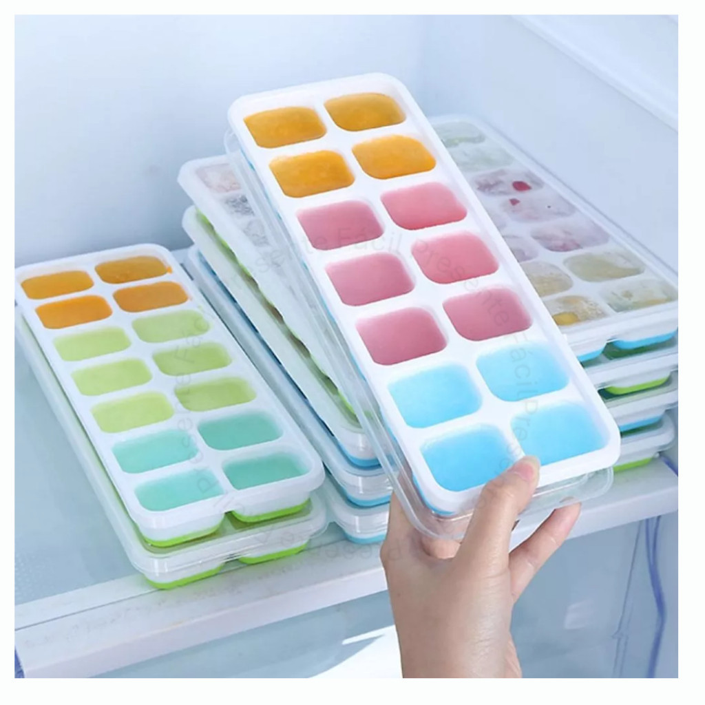 Formas de Gelo com Tampa Rígida Fundo Silicone Flexível Retangular 14 Cubos
