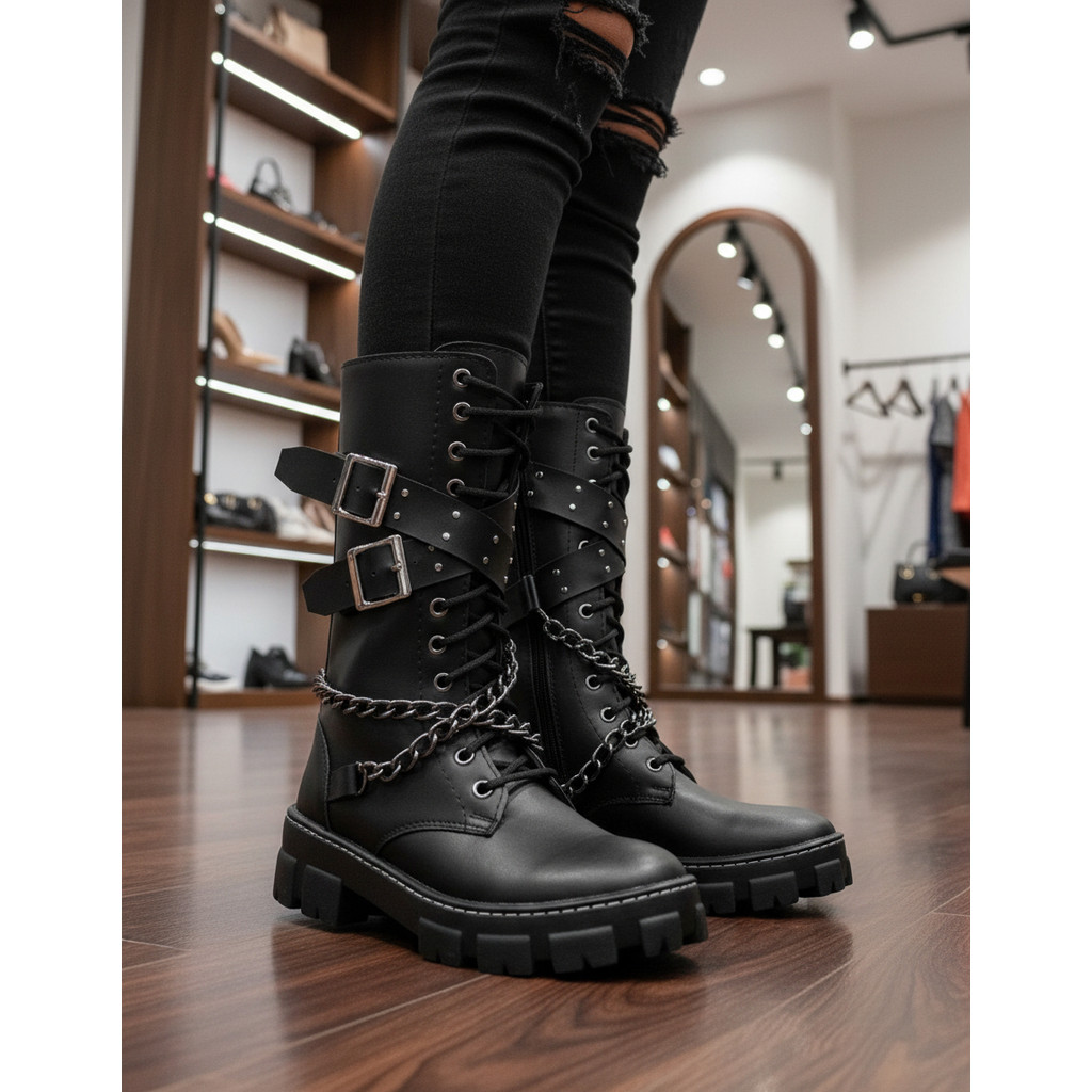 Coturno Cano Alto Correntes Sola Plataforma Rock Gotico