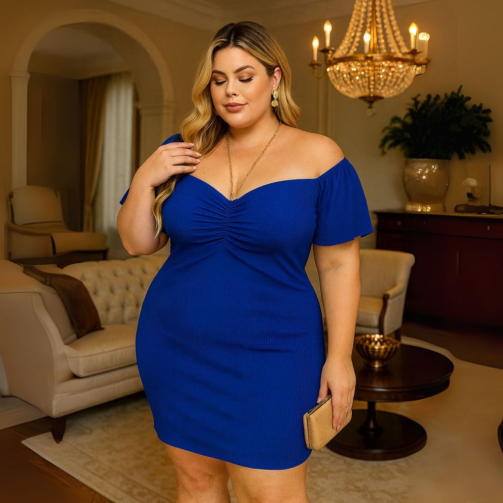 Vestido Plus Size Curto Manga Curta Decote Princesa Ciganinha Malha Canelada Elastano 44 ao 52