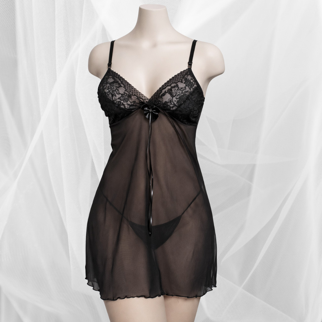 1 Camisola Feminina  Transparente em Tule com Calcinha Fio