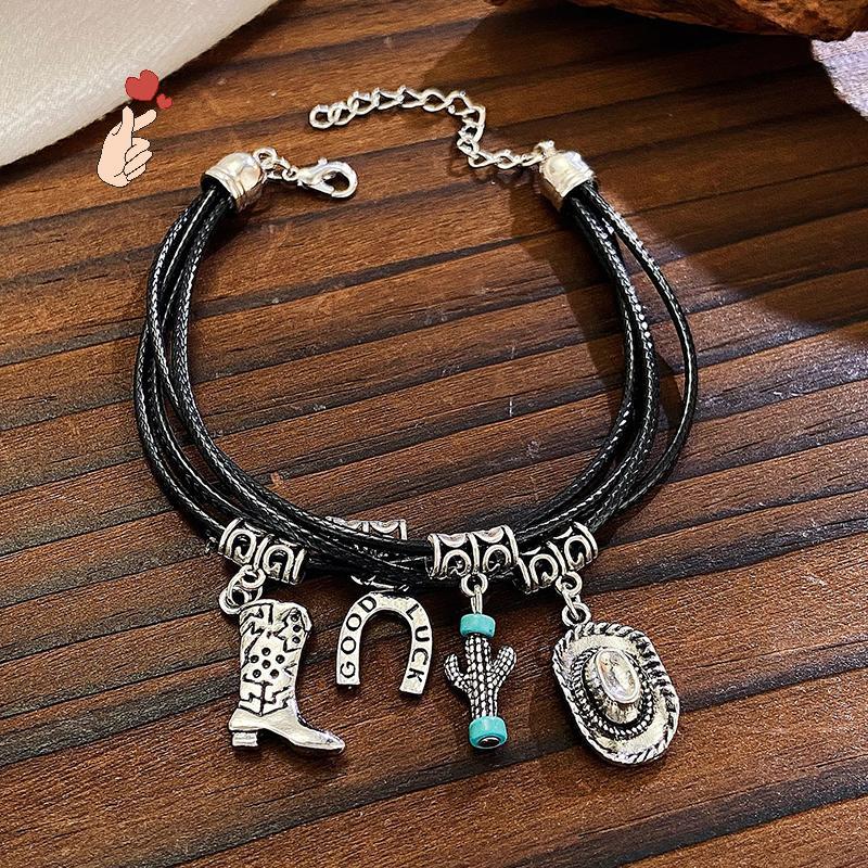 [PEBR] Nelace Em Camadas De Cowboy Ocidental Vintage Para Mulheres Botas Da Moda Ferradura Chapéu Pingente De Contas Nel