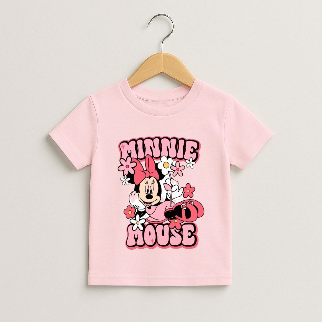 Camiseta Algodão Infantil Estampada Minnie Manga Curta Feminina Juvenil Casual Fofa Confortavel