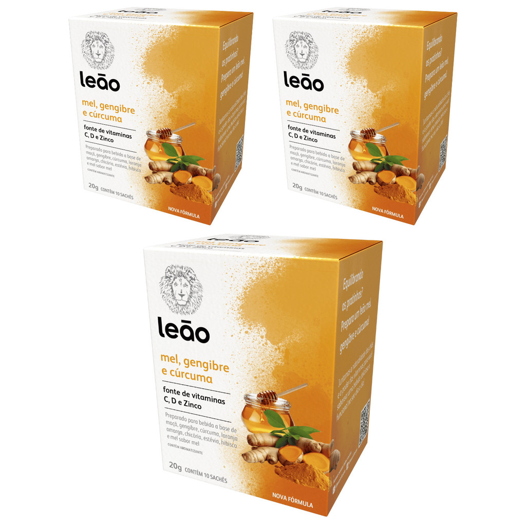Kit com 3 Chá Vitamínico Mel, Gengibre e Cúrcuma 10 Sachês Leão