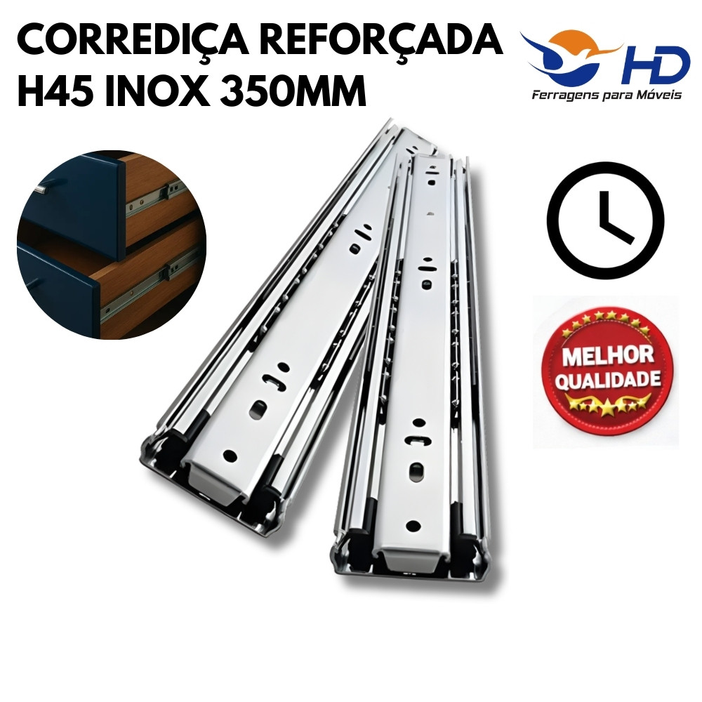 Trilho Telescópico Aço Inox 350mm Largura 45mm - HD Ferragens
