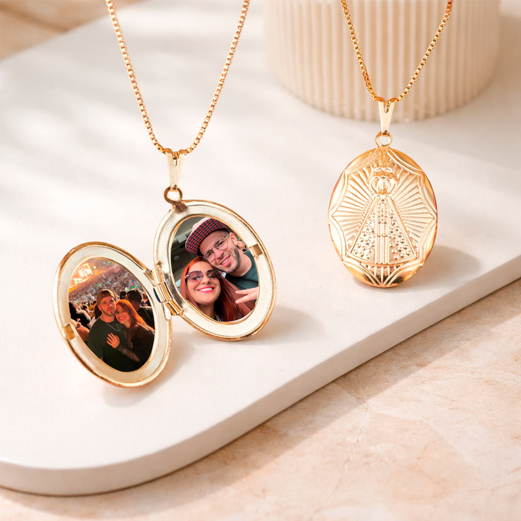 Relicário Colar com Foto Nossa Senhora Aparecida com 2 Fotos + Caixa de Presente Dia da Mulher Dia das Mães — R$ 51,90 em Shopee