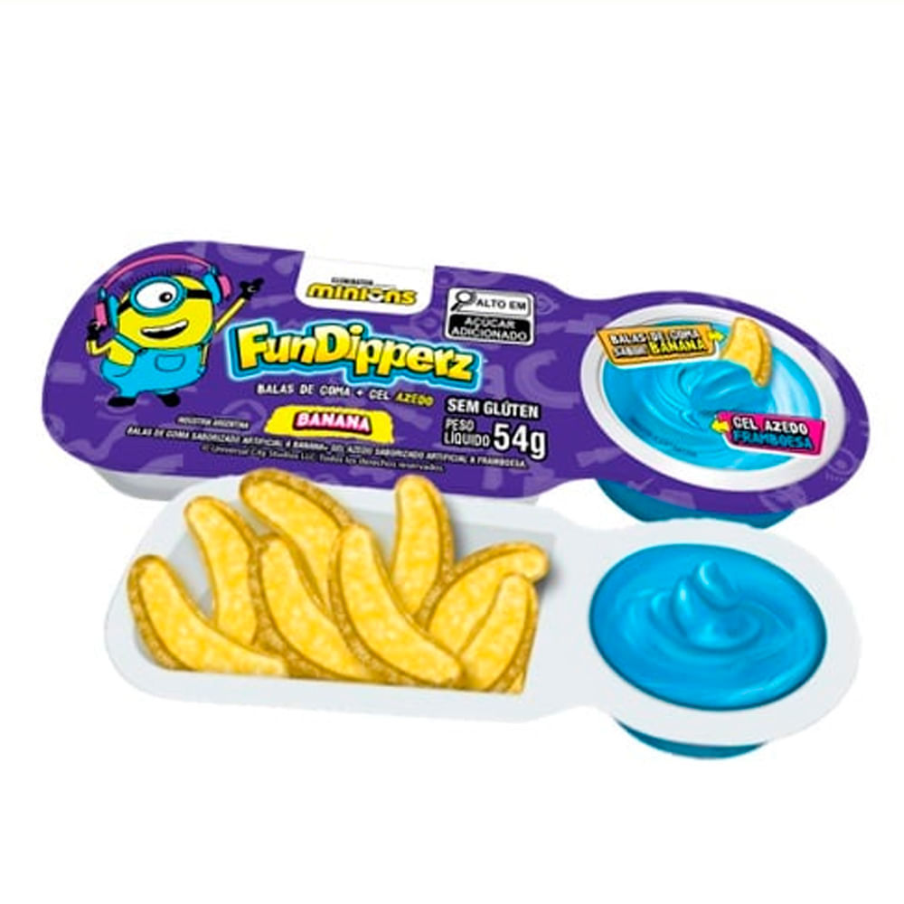 Bala de Goma Fundipperz Minions Sabor Banana + Gel Azedo Framboesa 54g em Oferta na Shopee