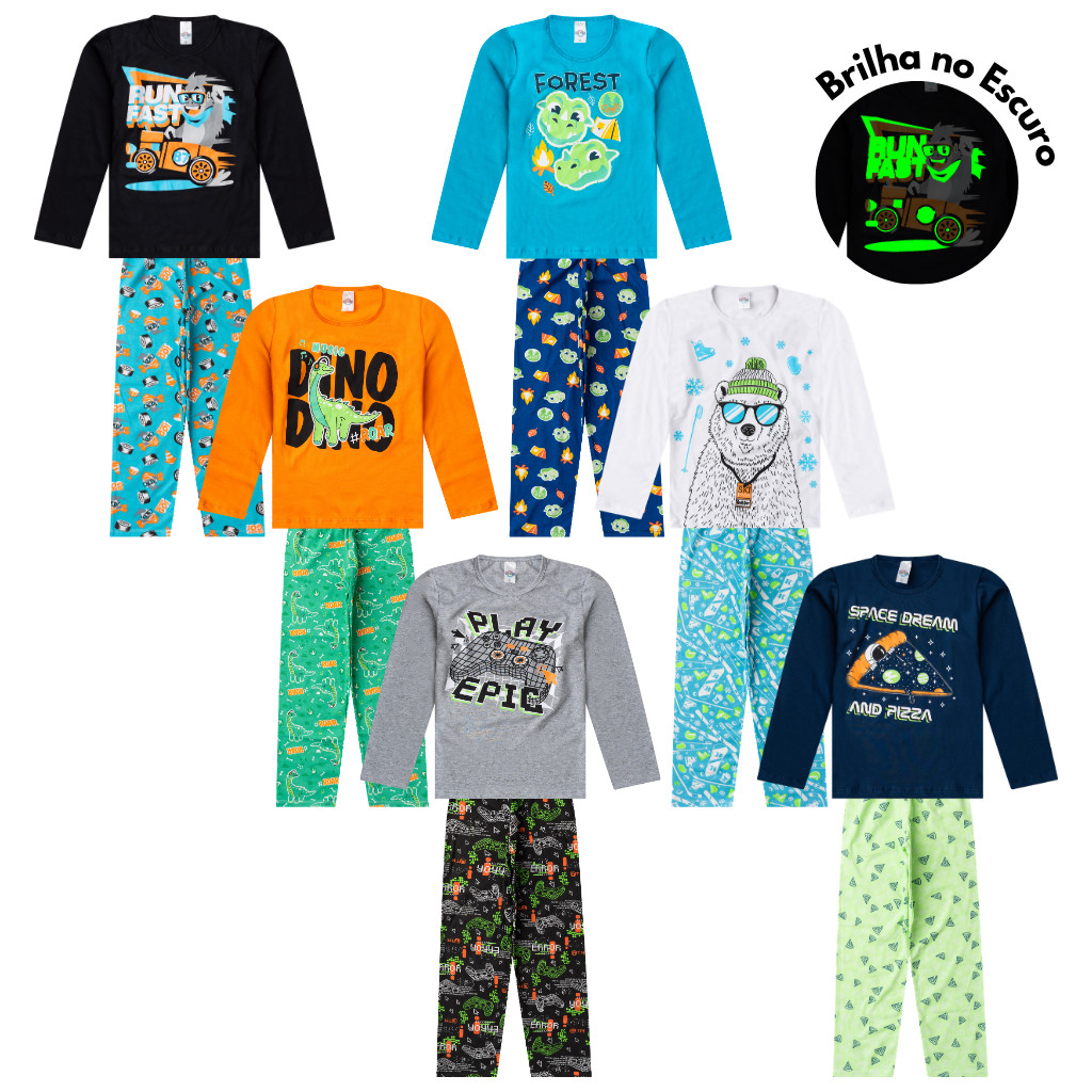 Kit 4 Conjuntos Pijama Longo Algodão Juvenil MENINO 10 ao 14 Brilha no Escuro em Oferta na Shopee
