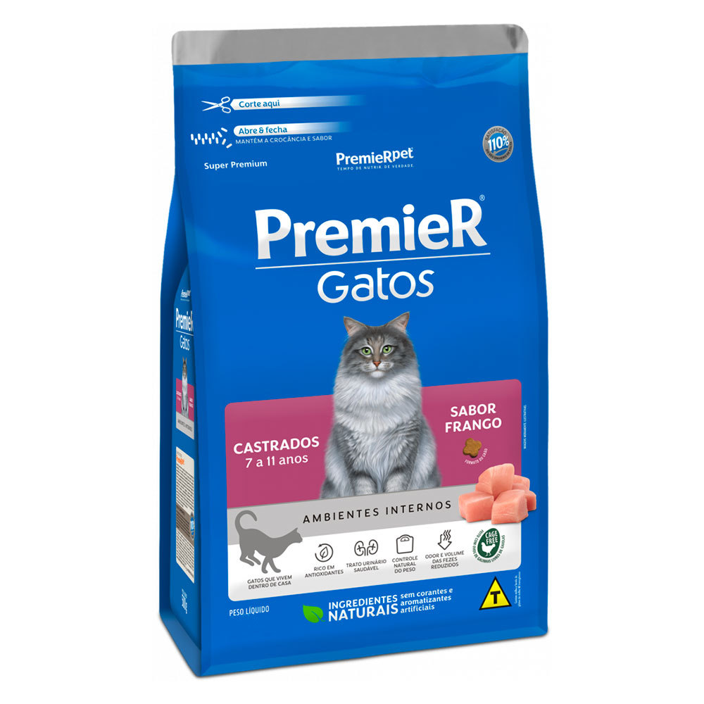 Ração Premier Gatos Castrados 7 a 11 Anos Ambientes Internos Frango 7,5kg em Oferta na Shopee