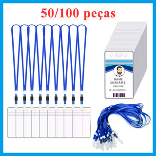 Porta crachá vertical 50/100 peças com cordão azul, para identificação de funcionários e estudantes em Oferta na Shopee
