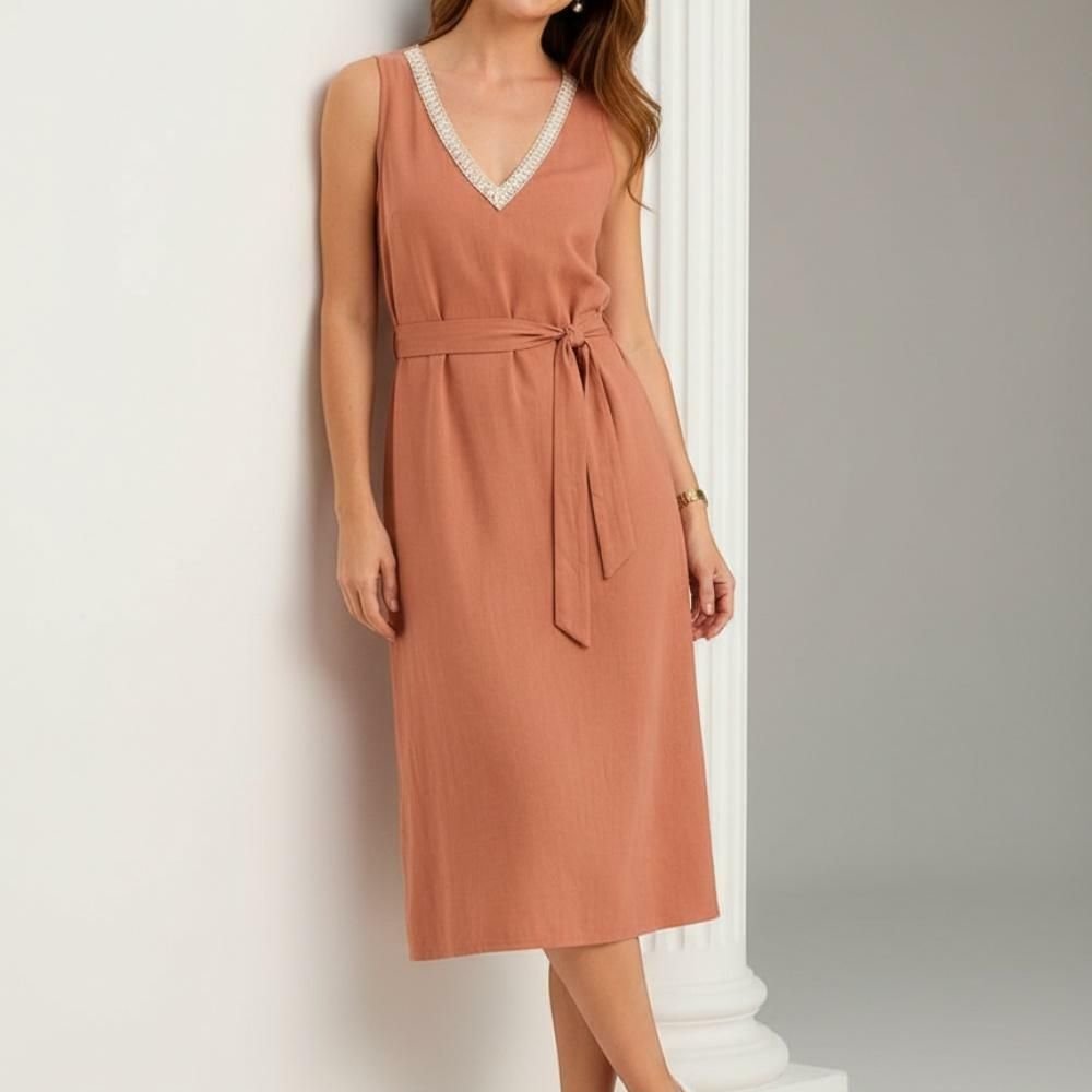 Vestido Em Viscose Com Linho Marrom Claro Quintess