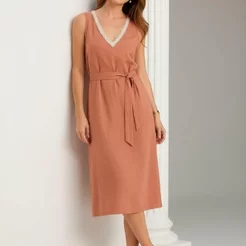 Vestido Em Viscose Com Linho Marrom Claro Quintess
