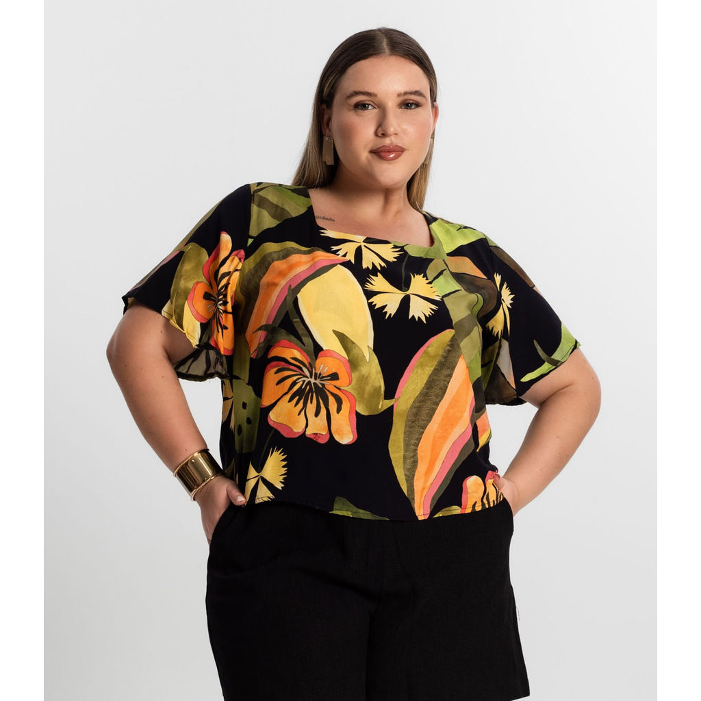 Blusa Feminina Plus Size Estampada Secret Glam Preto