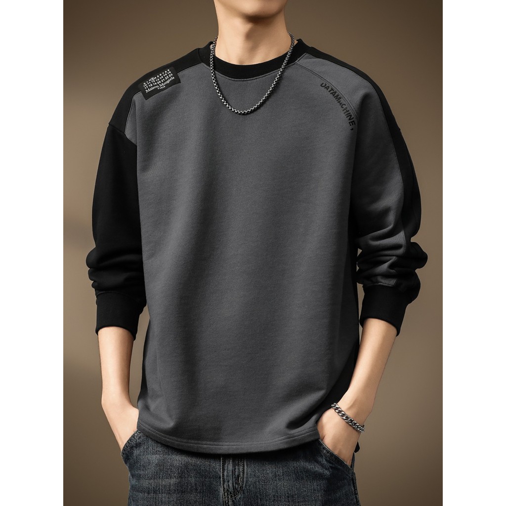 High-End estilo americano contraste cor 420g Raglan pesado manga comprida camiseta masculina outono solto puro algodão B