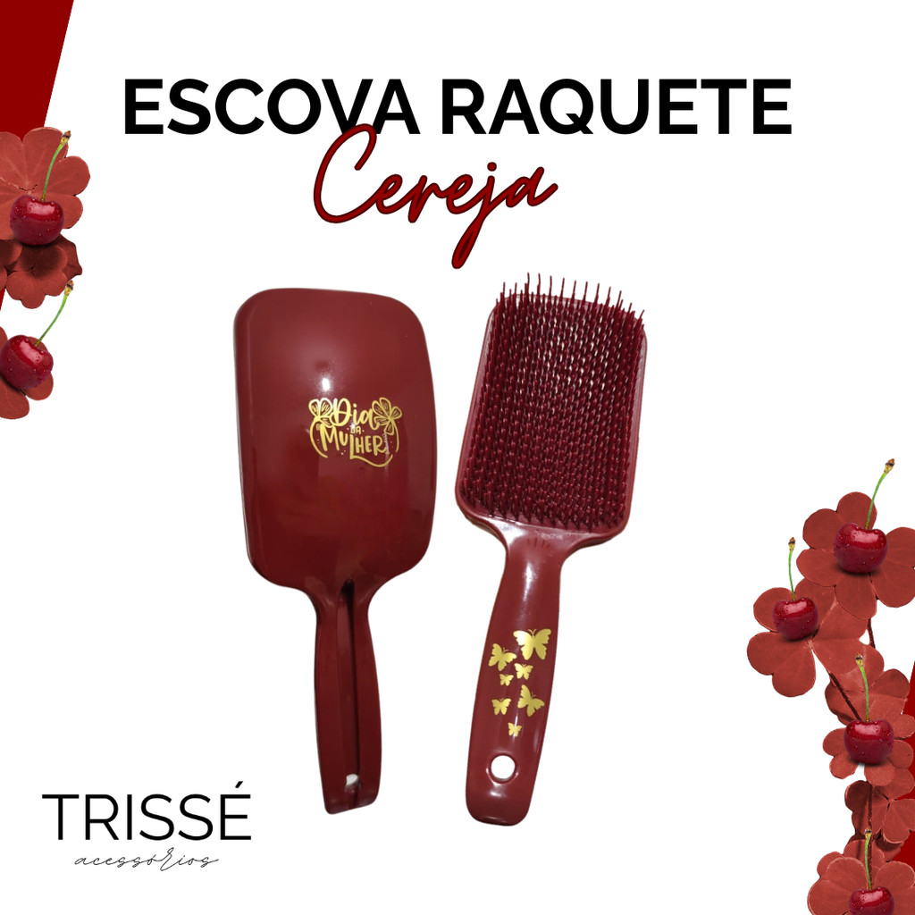 Escova Raquete Cereja Presente Dia da Mulher Anti Frizz Trissé Profissional em Oferta na Shopee