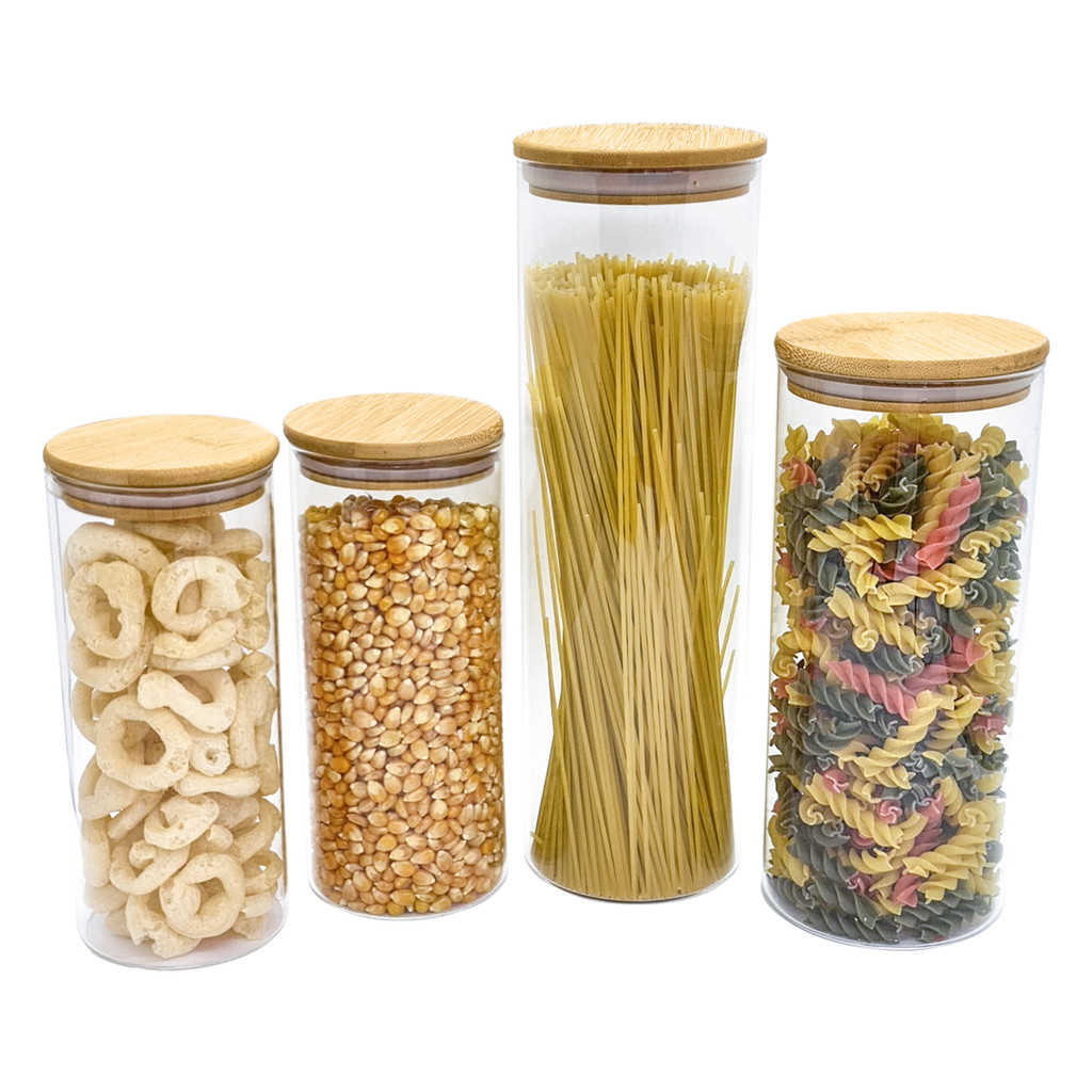 Potes de Vidro P/ Mantimentos C/ Tampa Bambu Oikos - 4 Pçs em Oferta na Shopee