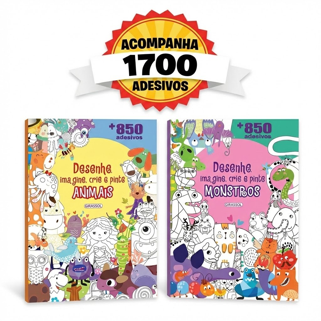 Kit 2 Livros Desenhe, imagine, crie e pinte - Monstros e Animais + 1700 Adesivos