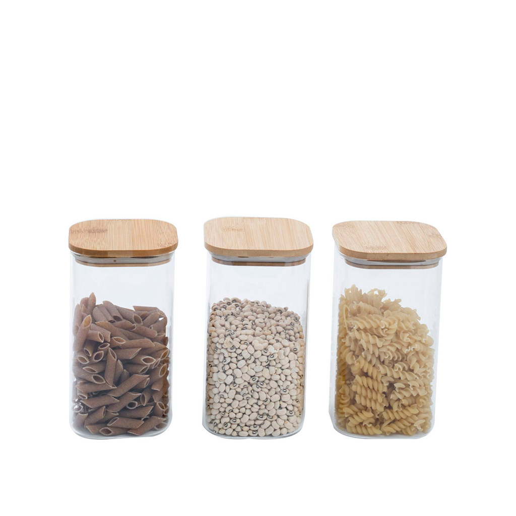 Kit de Pote Hermético de Vidro Quadrado com Tampa de Bambu 3 Peças - Oikos