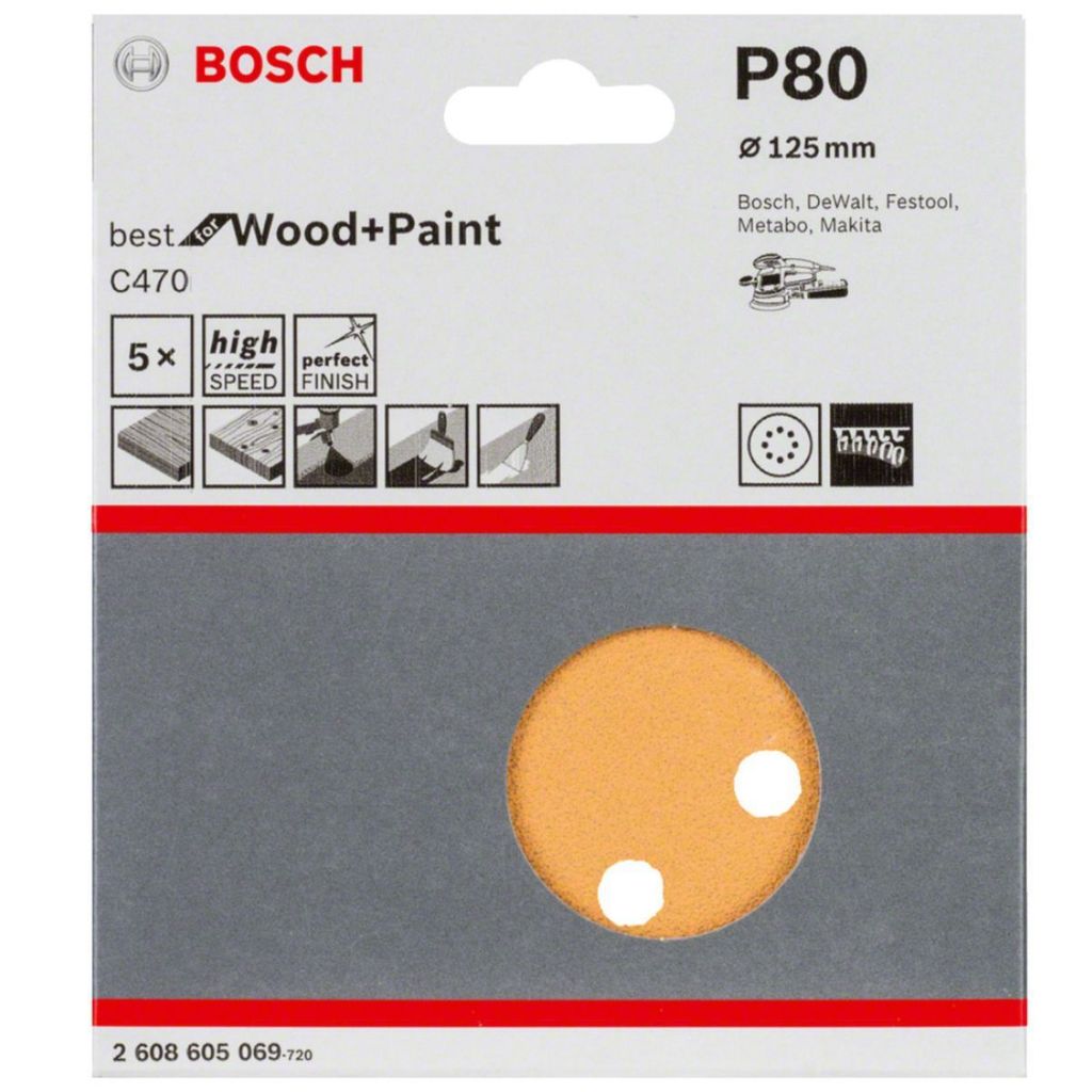 Disco Hookit 125mm Grão 80 com 5 Unidades 8 Furos Bosch