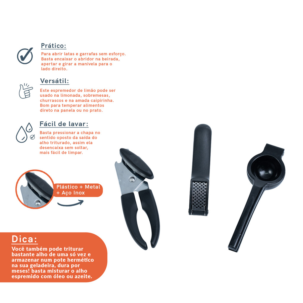 Kit Abridor de Lata Espremedor de Alho E Limão Preto – Oikos — imagem 2 de 2