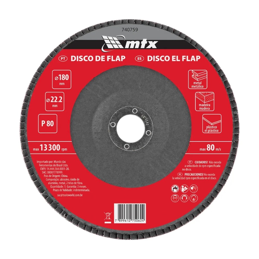 Disco Flap Grão 80 180 x 22,2MM 1 Peça MTX