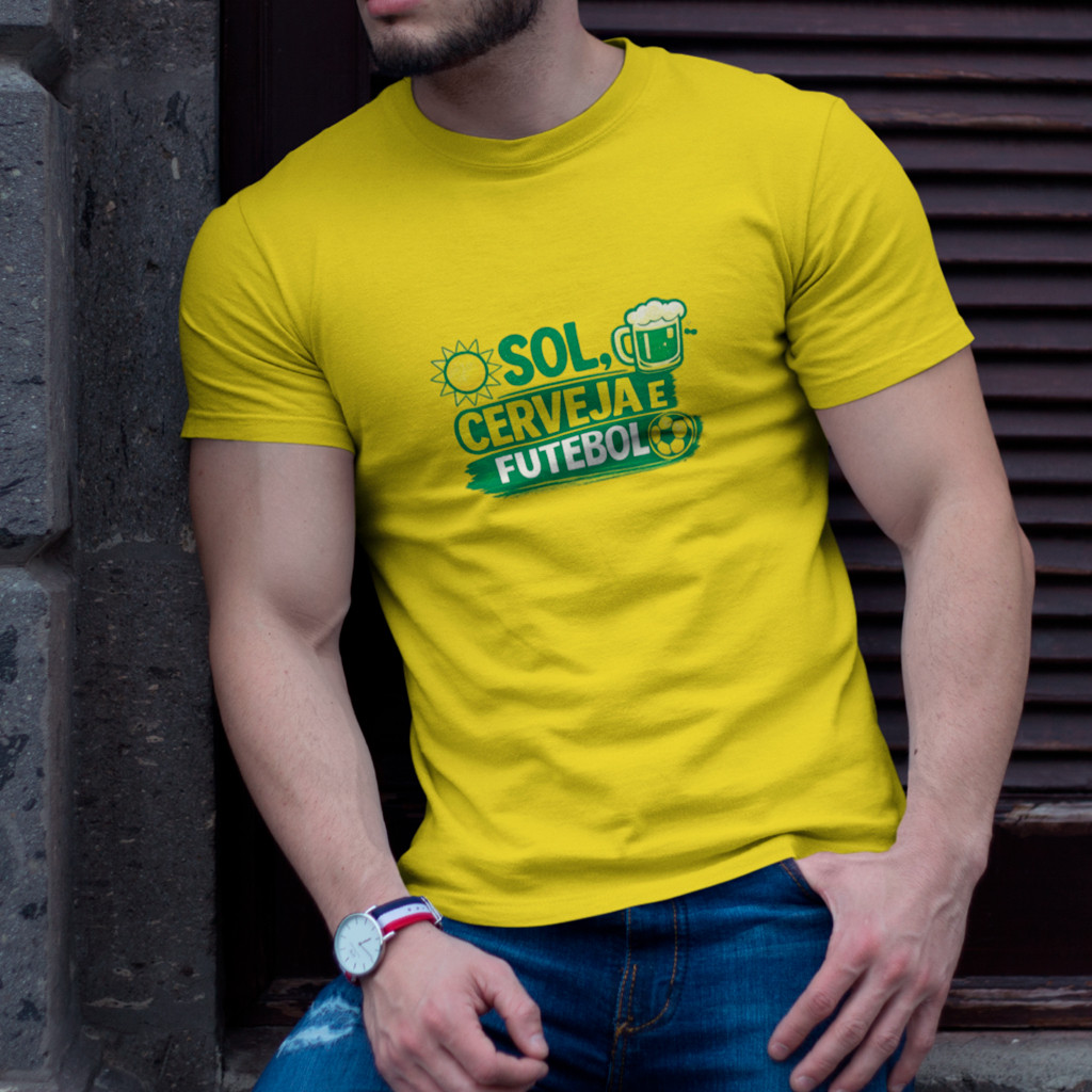 Camiseta Brasil Copa do Mundo 2026 Sol e Futebol Unissex - 100% Algodão Várias Cores