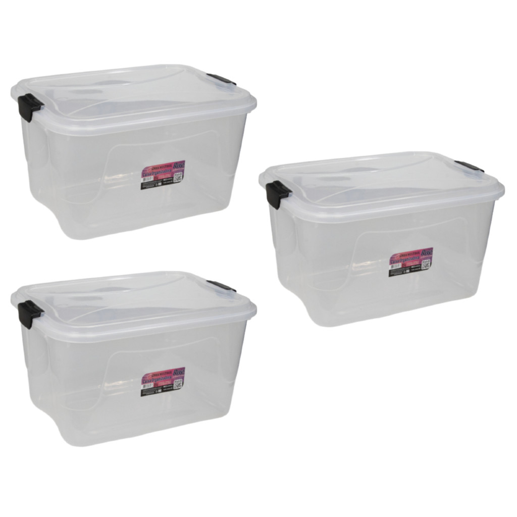 Kit 3 Caixa Organizadora Transparente Multibox 15L Com Tampa E Trava