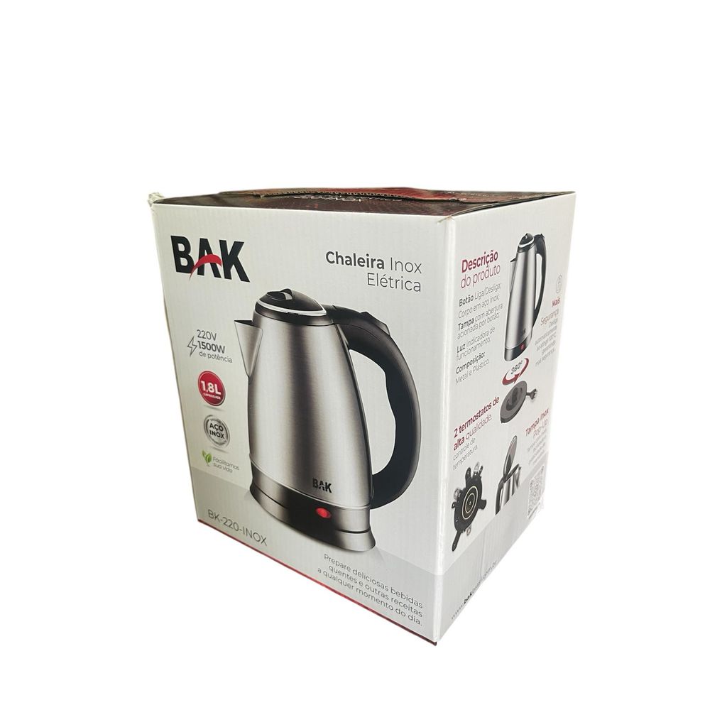 Chaleira Elétrica Inox 1,8 Litros Bak 1500w Bak Cor Prateada/Inox-220V NEW