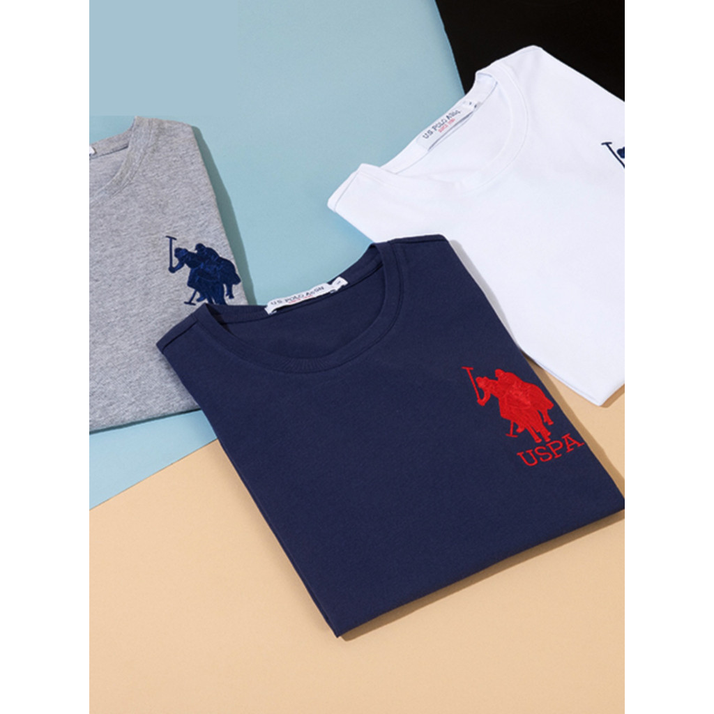 Uspoloassn American Poloassn Camiseta masculina de verão com gola redonda e manga curta com etiqueta da Malásia bordada 