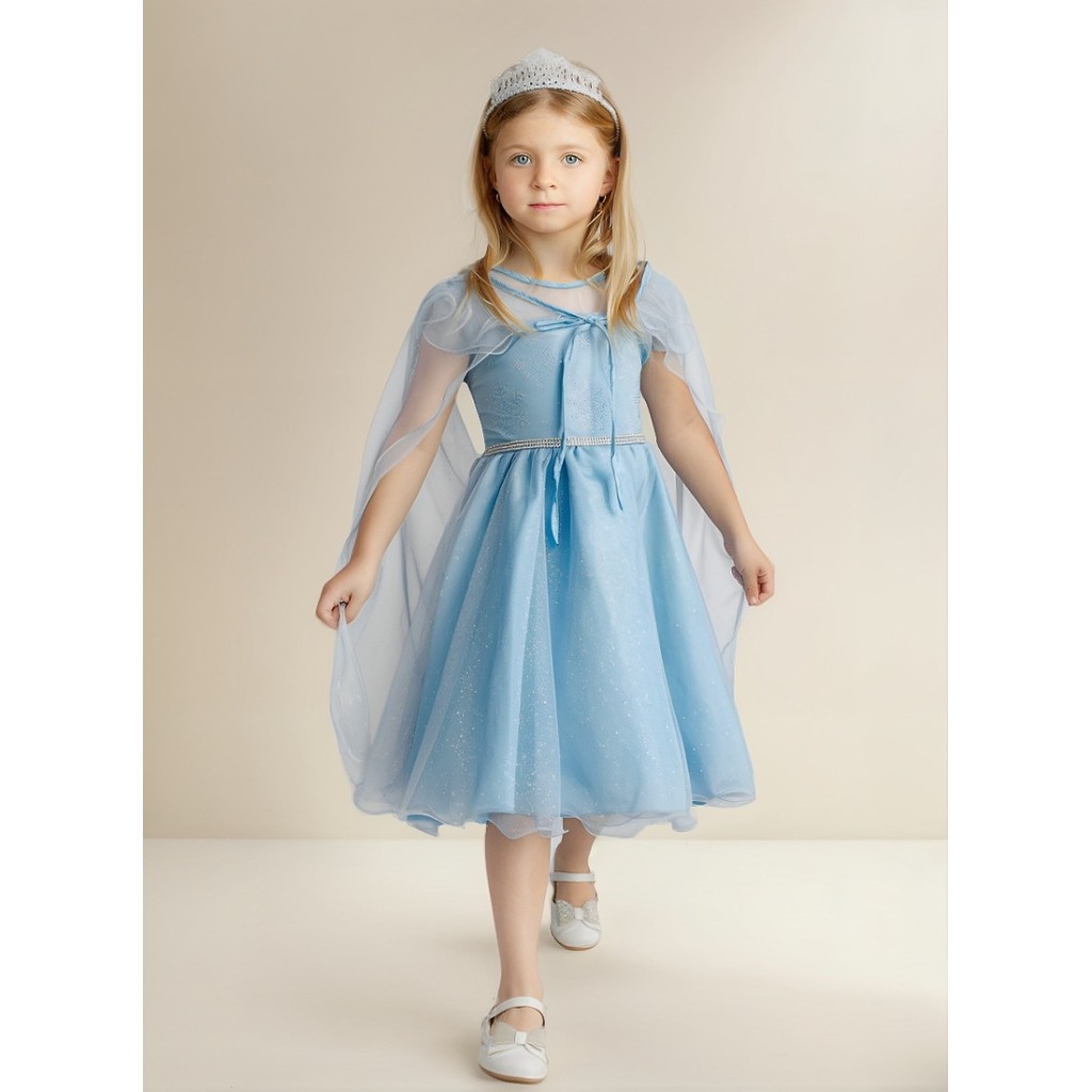 Vestido Infantil Princesa Do Gelo Com Brilho De Festa Elza Azul Brilhante Com Capa Com Glitter