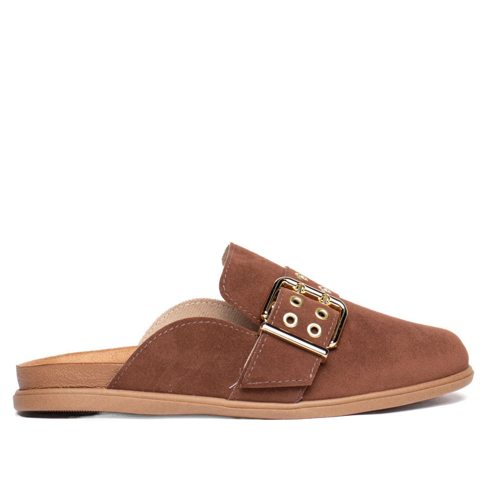 Mule Feminino Moleca Fivela Camurça Casual Conforto Marrom Escuro