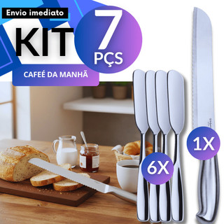 Kit 7 Peças Faca de Pão Inox Inteiriça Serrilhada + 6 Espátulas Passador de Manteiga Inox Café Padaria Buffet