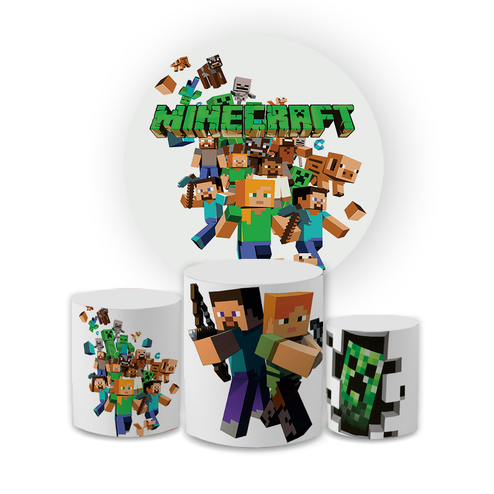 Capa Paineis de Festa Veste Fácil Redondo+ Cilindros Sublimados Tema Mnecraft Infantil Decorativo | Entrega Rapida — imagem 2 de 2