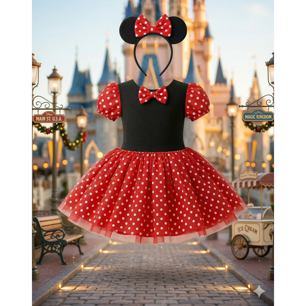 Vestido Minnie Mouse Luxo Fantasia para Festa de Aniversário Temática
