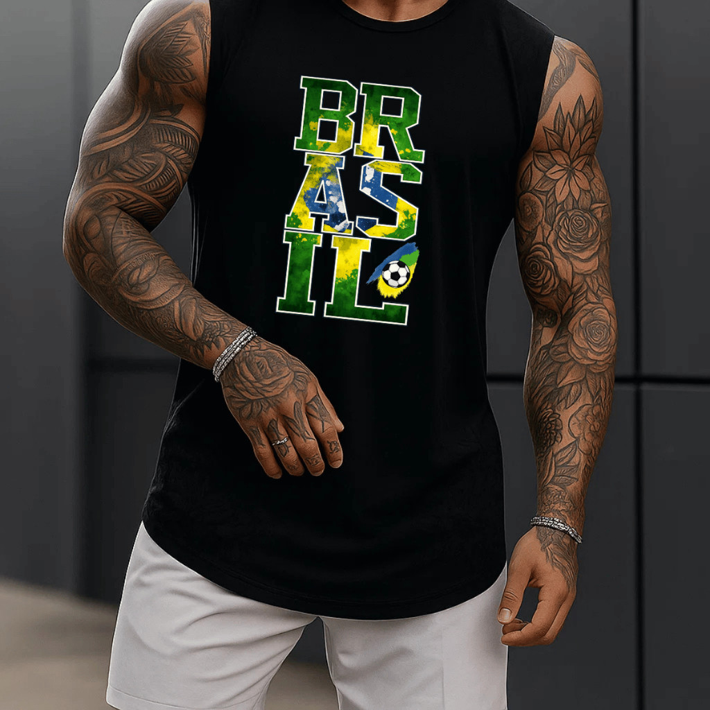 Regata Masculina Academia Algodão Brasil Copa 100% Estampada Premium Treino Fitness Casual  Verão