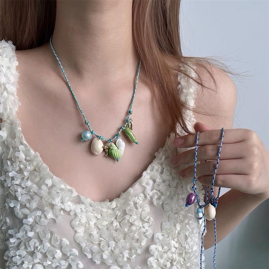 Estilo boêmio concha praia trançado corda puxar colar feminino verão praia férias estilo único All-Match clavícula corre