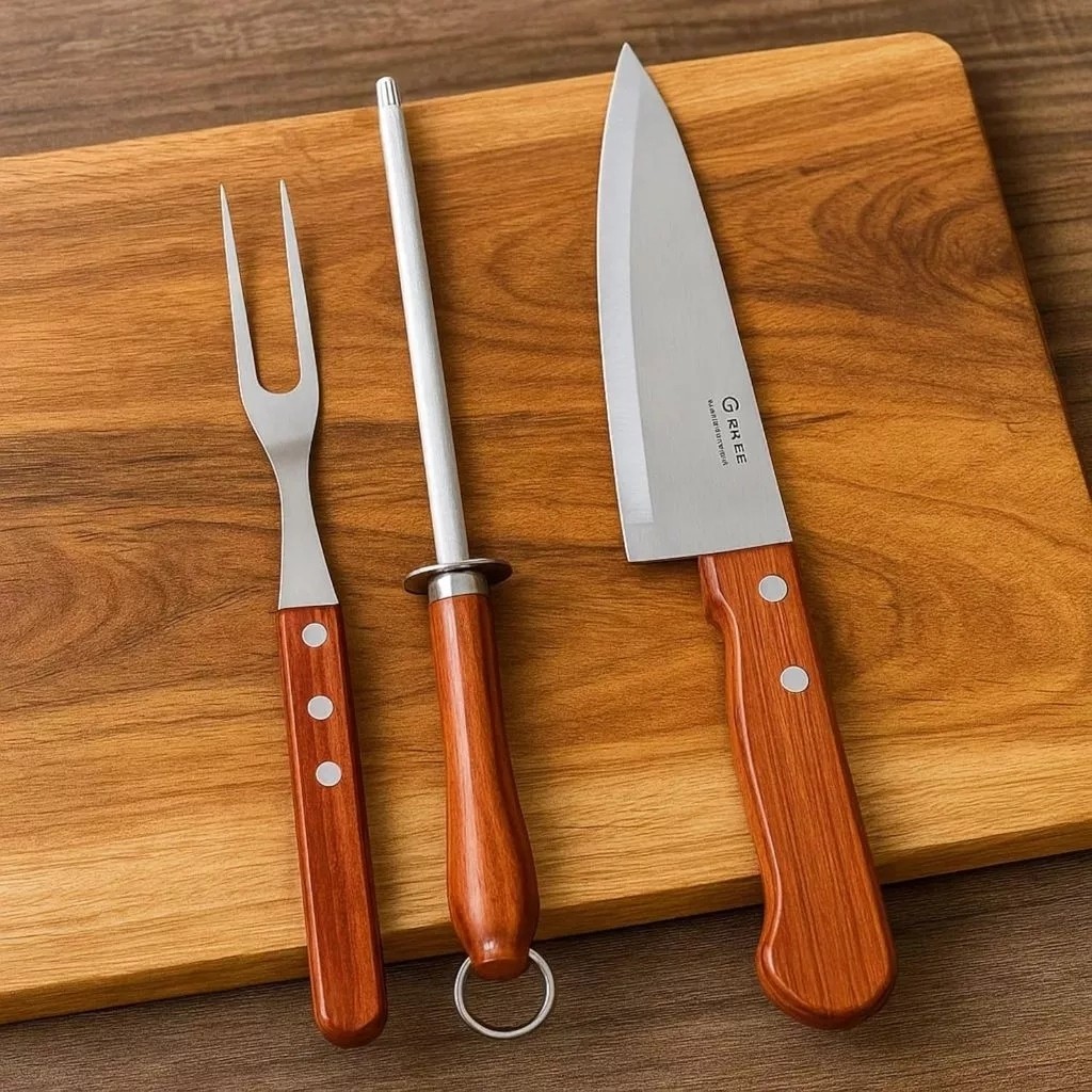 Kit Churrasco 3 Peças Faca Garfo Chaira Inox Cabo Madeira Churrasqueiro Presente