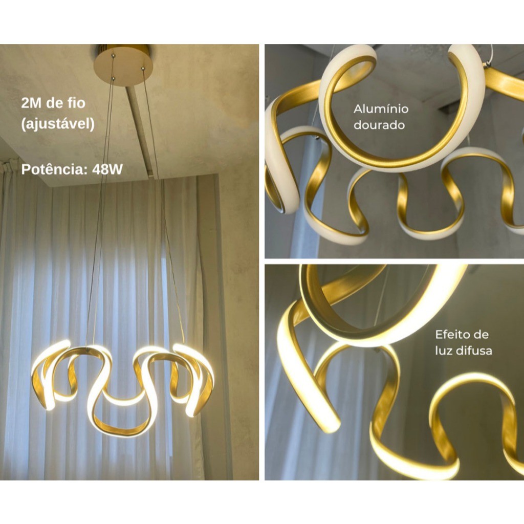 Luminária Lustre Pendente Moderno Dourado Led Ondulado 3 Cores