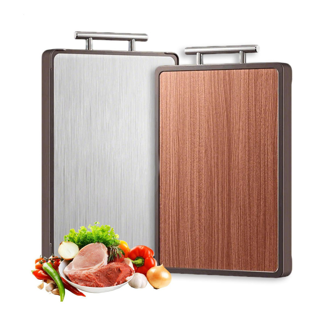 Tábua de Cortar Carne Dupla Face Aço Inox e Madeira Premium Antimofo com Alça para Cozinha