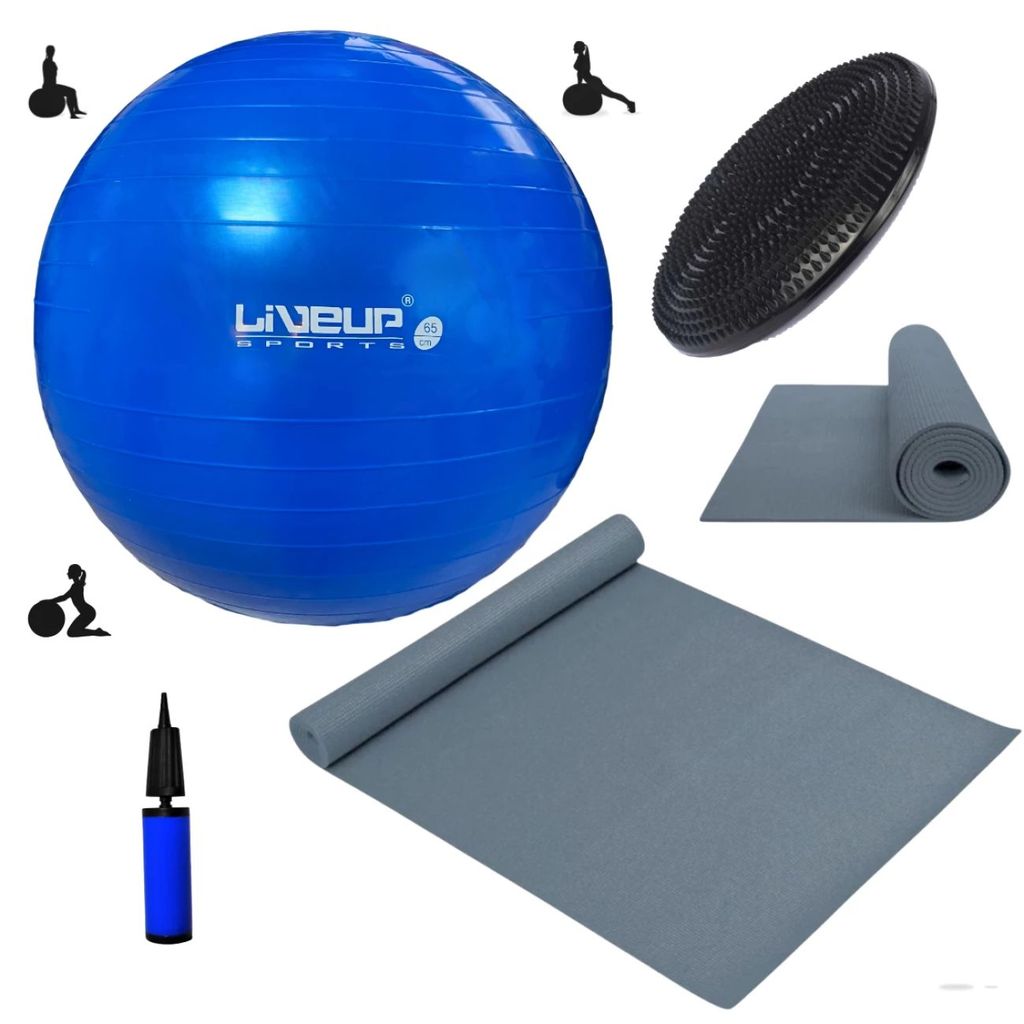 Kit Pilates e Yoga: Bola Suíça 65cm + Mini Bomba Inflar + Colchonete Cinza Eva + Disco Equilíbrio