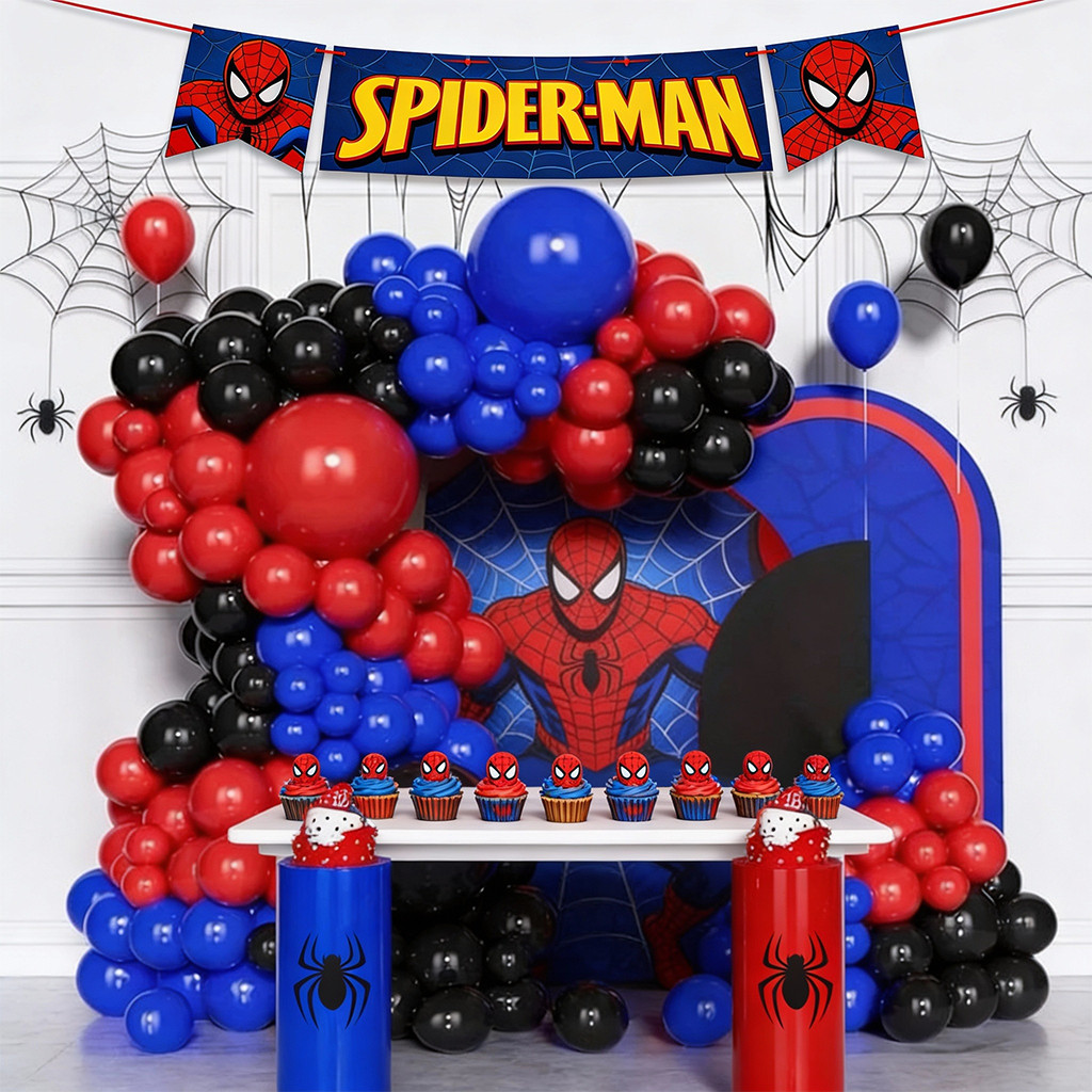 Kit 150 Balões Festa Aniversario Spider Man Bexiga Preto Vermelho Azul Prata Cromado Arco Desconstruído + Fita