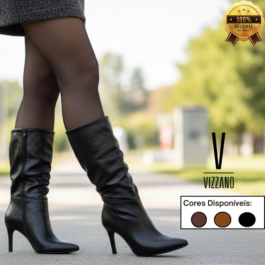 Bota Feminina Vizzano Salto Alto Bico Fino Elegante Cano Médio Zíper Estli Slouchy Original