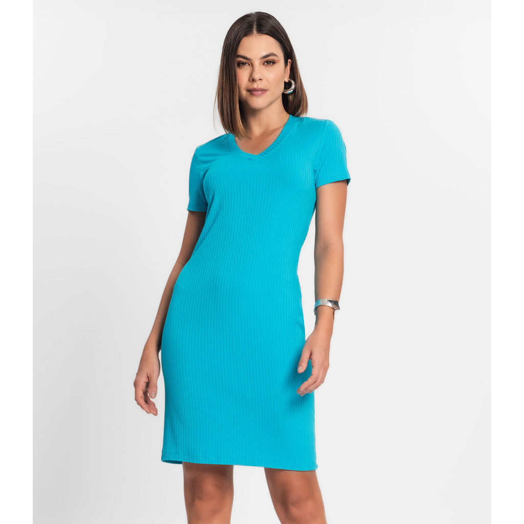 Vestido Feminino Em Ribana Canelada Rovitex Azul