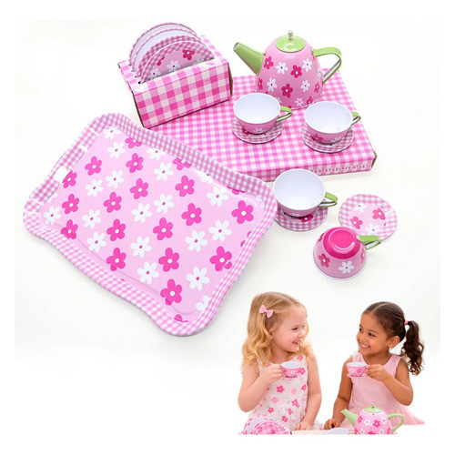 Jogo De Chá Café Infantil 14 Pç Rosa Cozinha Metal Brinquedo Docinho  Rosa